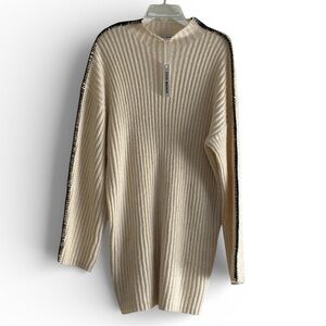 NWT Steve Madden Cream Mock Neck Ribbed Sweater Dress with Black Whip Stitch - L